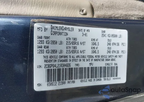 2001 Chrysler Town & Country Limited z USA, uszkodzony, nr VIN 2C8GP64L21R304826